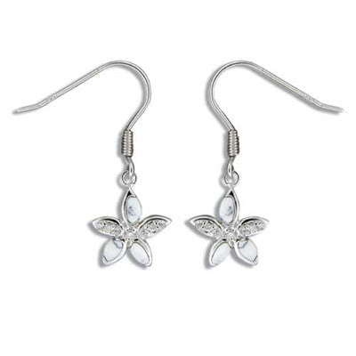 Sterling Silver Hawaiian White Turquoise Plumeria CZ Dangle Earrings
