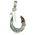 Sterling Silver Koa Wood 2 Sided Scroll Engraved Fish Hook Pendant~2"