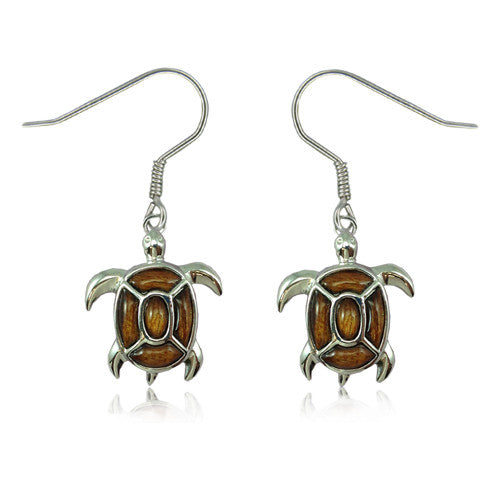 Sterling Silver Koa Wood Fancy Sea Turtle Dangle Earrings