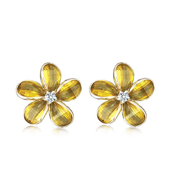 Sterling Silver Semi-Precious Yellow Citrine Plumeria Earrings