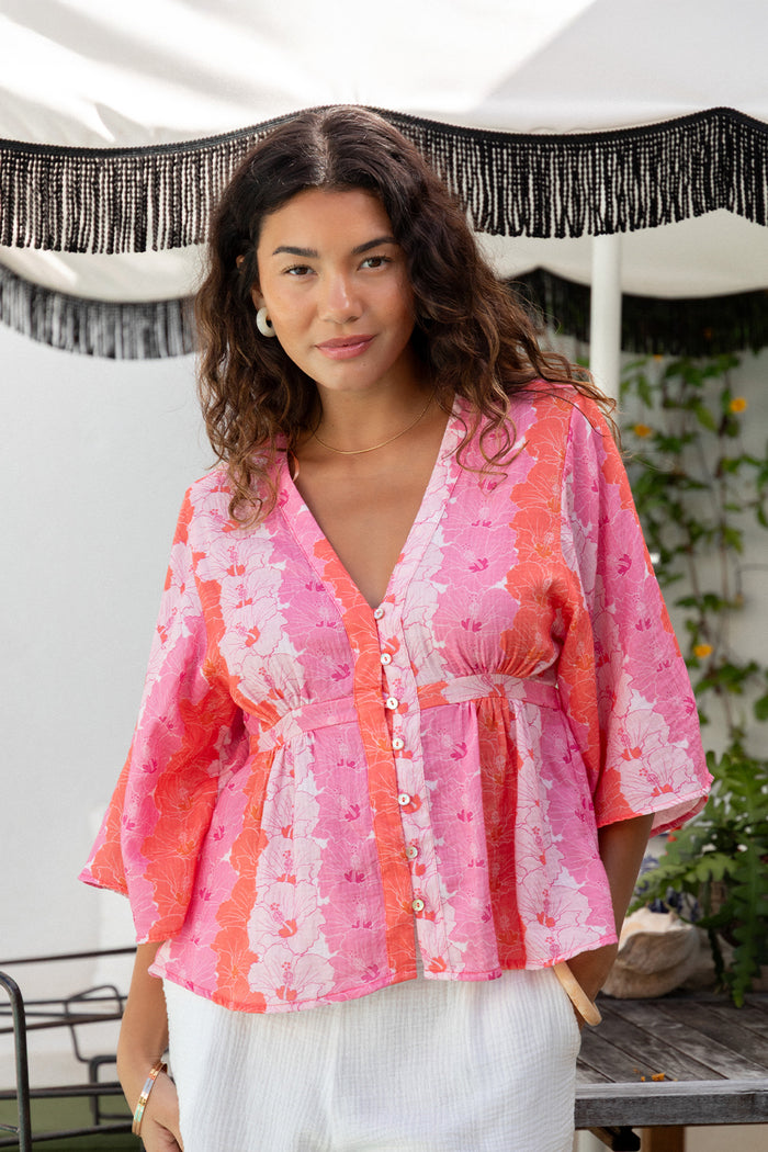 Top Freya - Guava Hibiscus Stripe Muslin