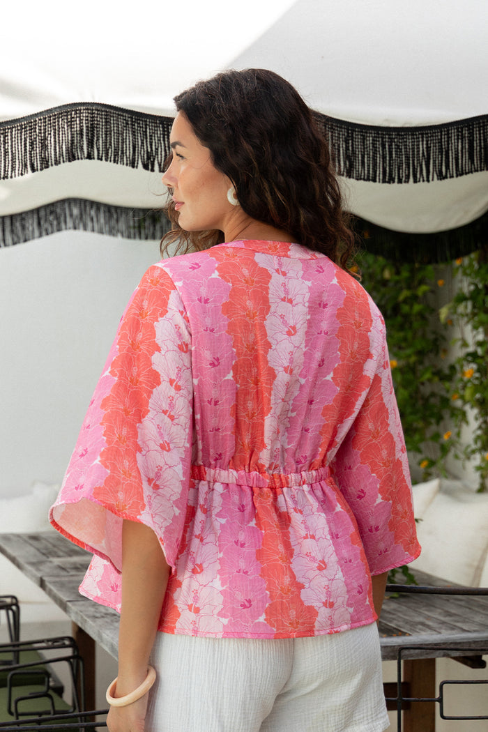 Top Freya - Guava Hibiscus Stripe Muslin