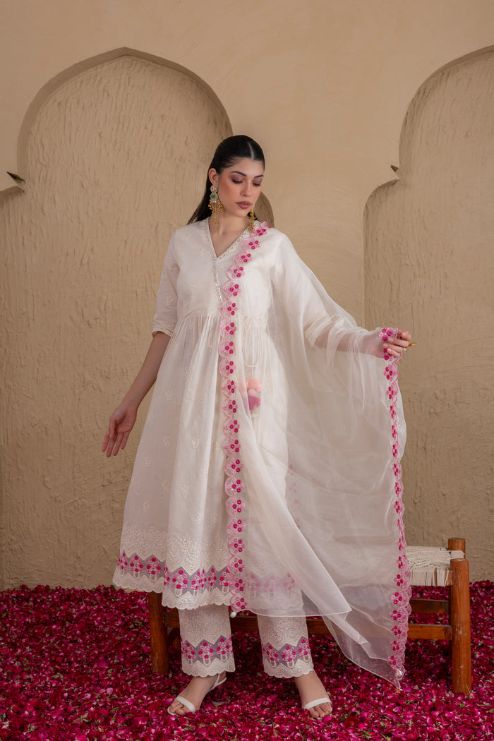 WHITE AND PINK EMBROIDERED ANGRAKHA STYLE SUIT SET