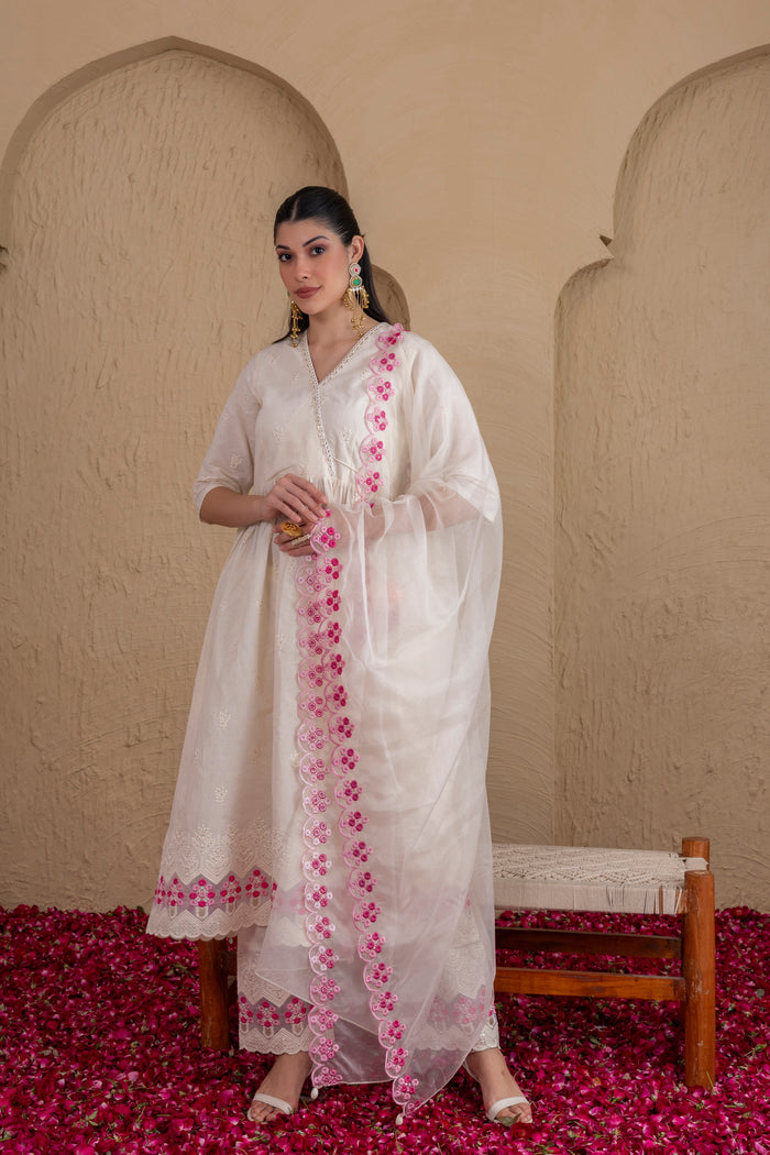 WHITE AND PINK EMBROIDERED ANGRAKHA STYLE SUIT SET