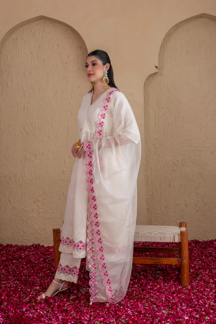 WHITE AND PINK EMBROIDERED ANGRAKHA STYLE SUIT SET