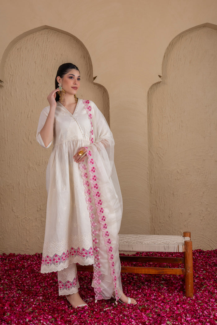 WHITE AND PINK EMBROIDERED ANGRAKHA STYLE SUIT SET
