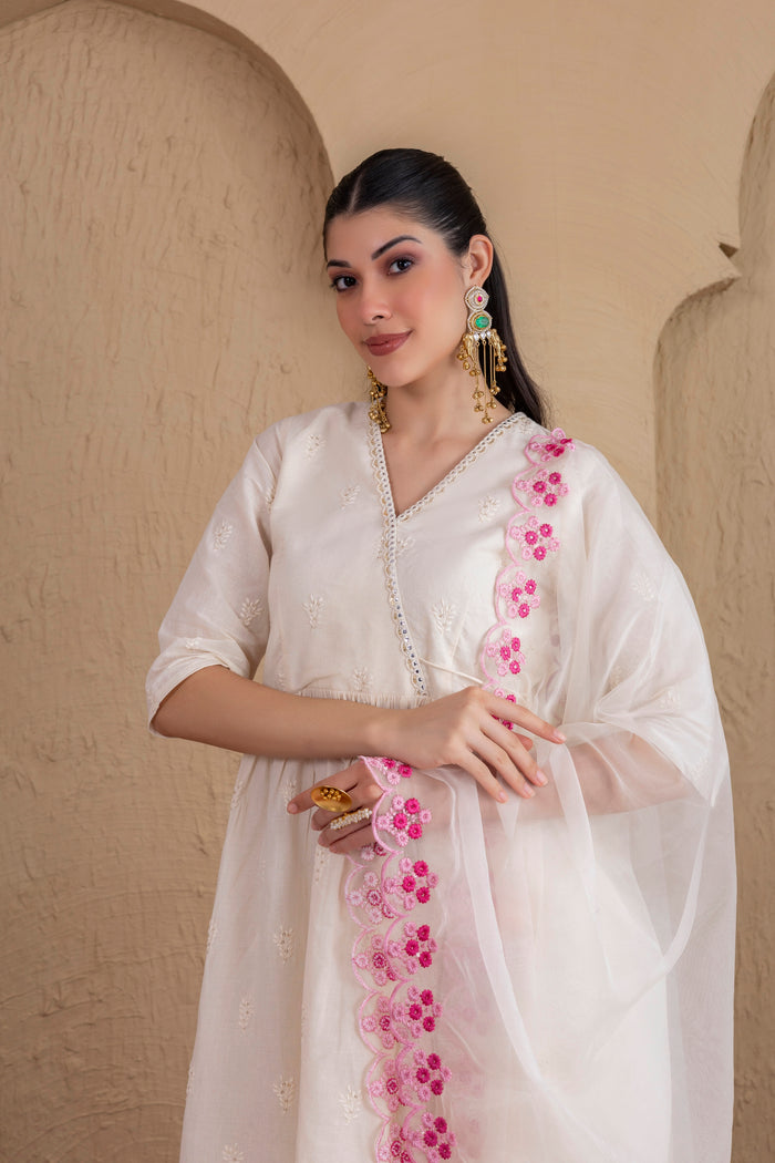 WHITE AND PINK EMBROIDERED ANGRAKHA STYLE SUIT SET