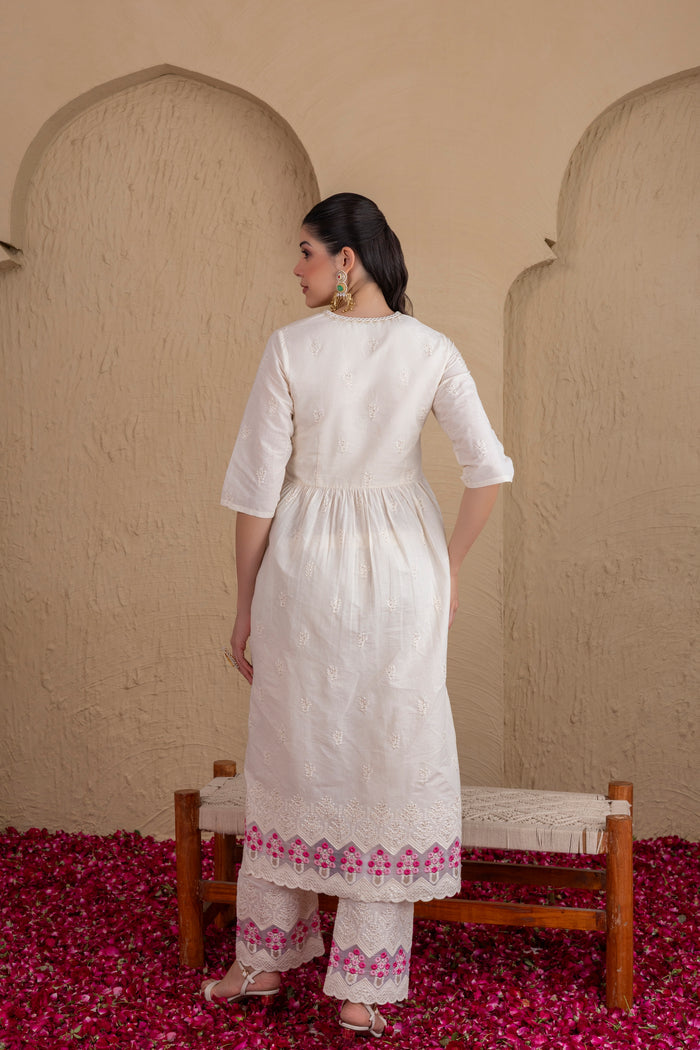 WHITE AND PINK EMBROIDERED ANGRAKHA STYLE SUIT SET