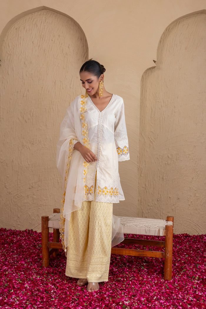 OFF-WHITE YELLOW EMBROIDERED SUIT SET