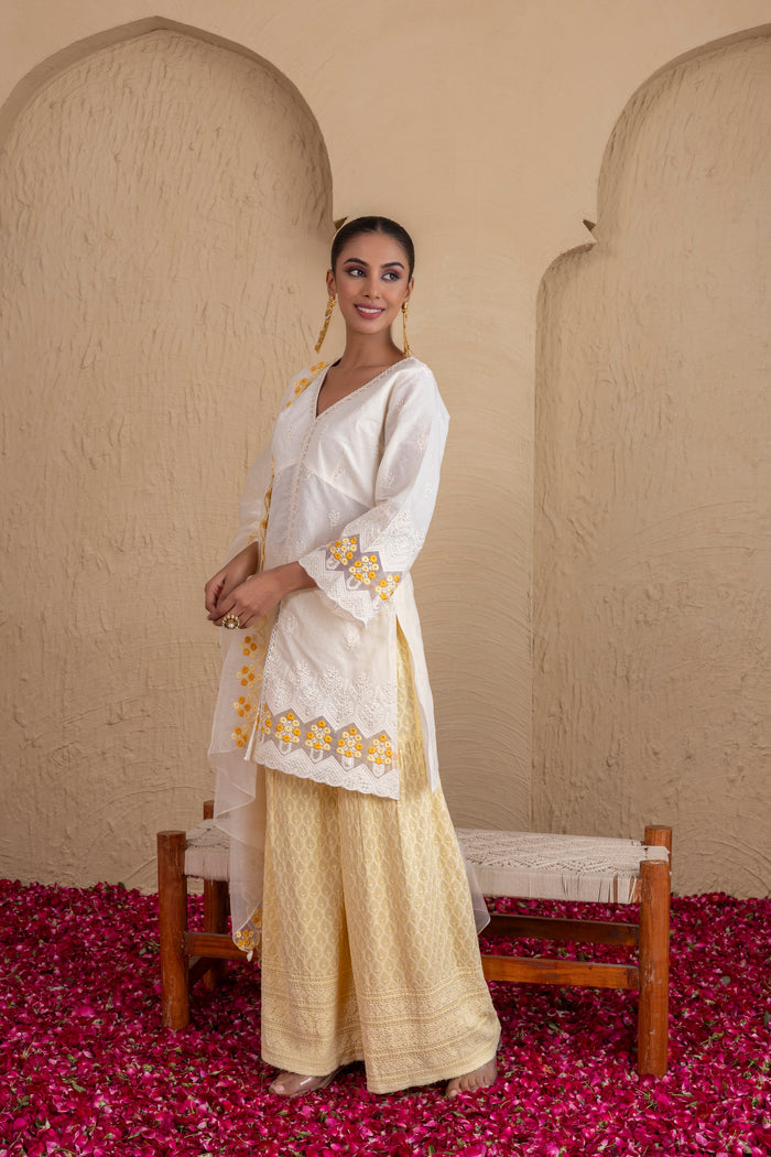 OFF-WHITE YELLOW EMBROIDERED SUIT SET