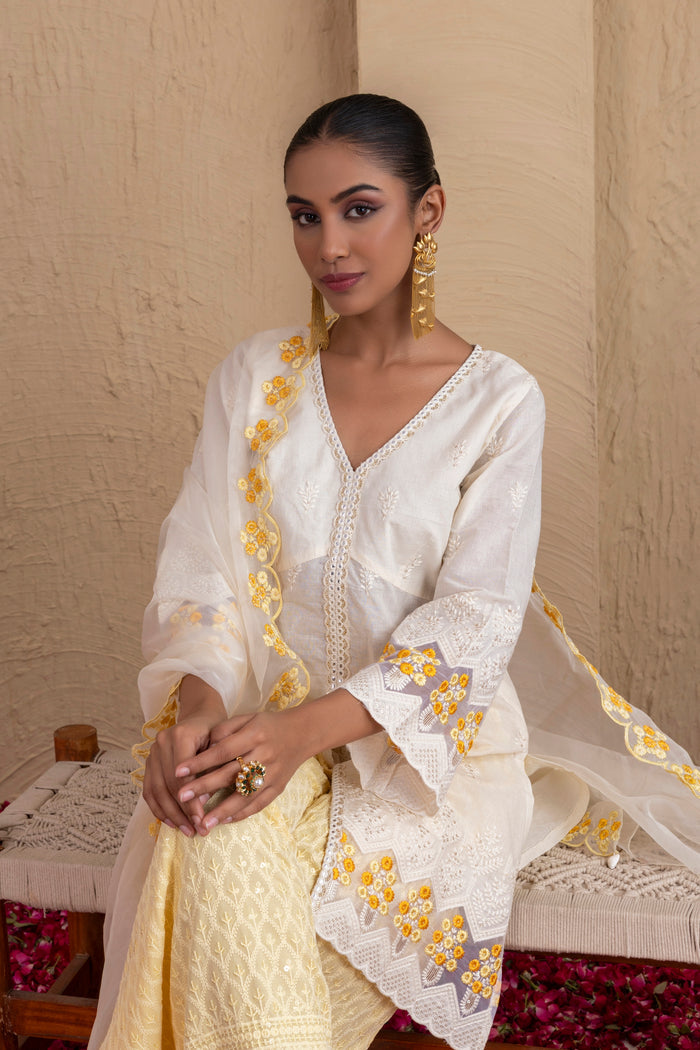 OFF-WHITE YELLOW EMBROIDERED SUIT SET