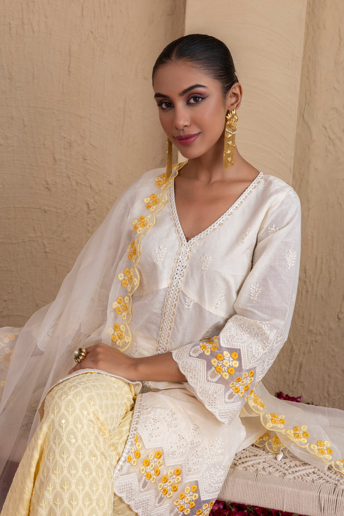 OFF-WHITE YELLOW EMBROIDERED SUIT SET