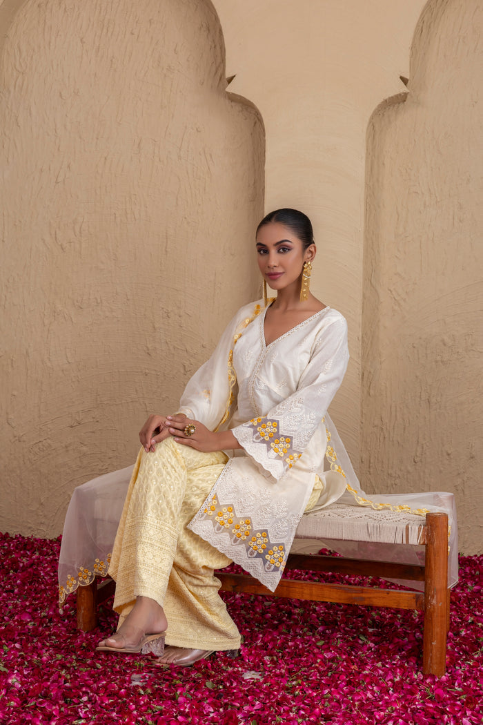 OFF-WHITE YELLOW EMBROIDERED SUIT SET